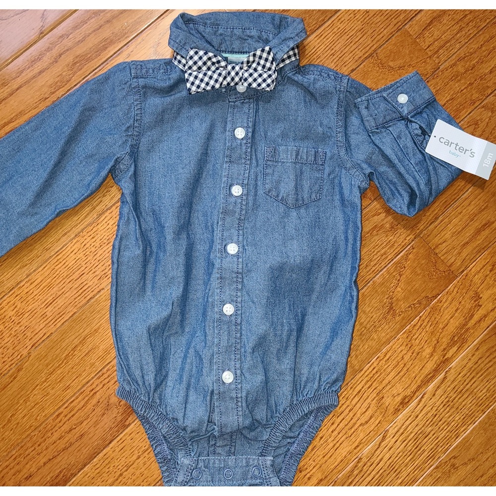NWT Carters Denim Button Up Bodysuit Boys 18M Black White Check Bowtie Gingham